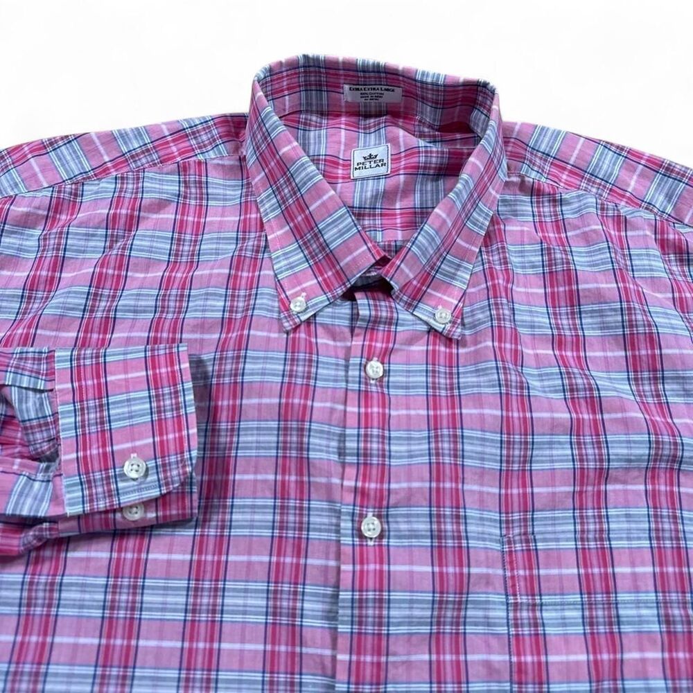 Peter Millar Men's Plaid Button-Up Premium Dress Shirt XXL Long Sleeve Pink Gray